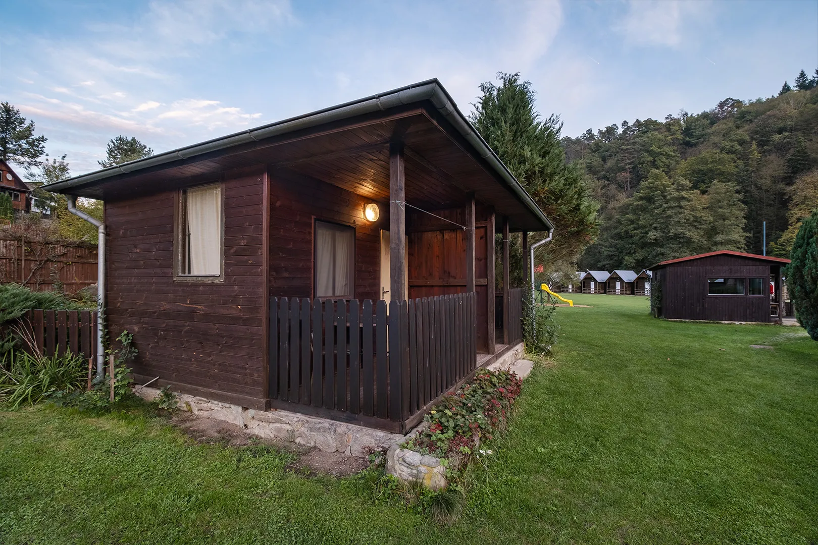 Wooden cabins at the Baumat Recreation Area
